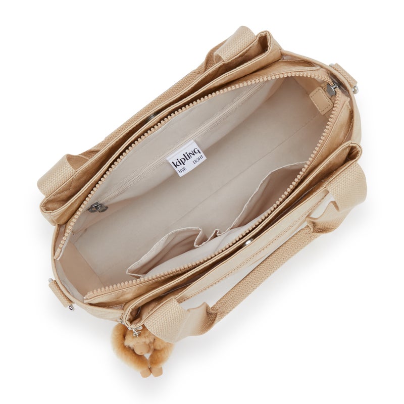 kipling حقيبة كتف متوسطة بيج مزينة بإليسيا مع حزام كتف قابل للإزالة - Image 3