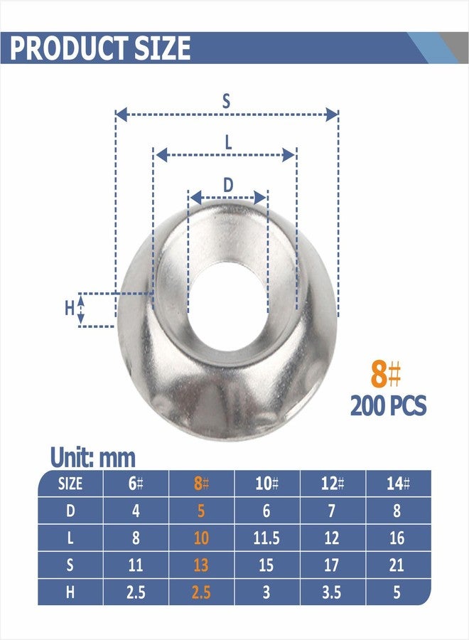 asdmm 200 Pcs #8 Countersunk Finish Washers, 304 Stainless Steel Finishing Cup Washers, Decorative Screw Cup Washers for Marine Hardware, Boat Deck Accessories, Silver - Image 2