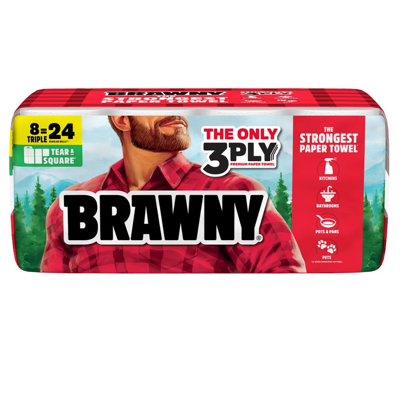 Brawny Tear-A-Square 3-Ply Paper Towels, 8 Triple Rolls = 24 Regular Rolls, Strong, Absorbent, and Durable with 3 Sheet Sizes (Quarter, Half, Full) - Image 1