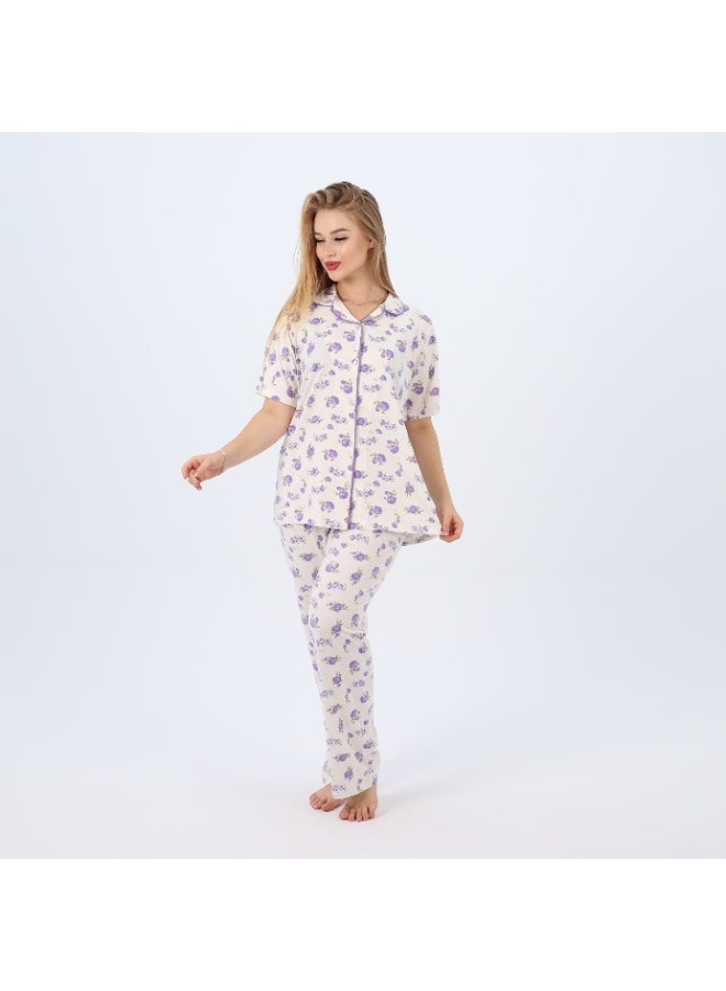 zecotex  Plus Size Women's Cotton Pajama Set | 2-Piece Floral Sleepwear with Button-Up Top & Full-Length Pants | Classic Summer Loungewear (3XL–5XL)  - Image 2