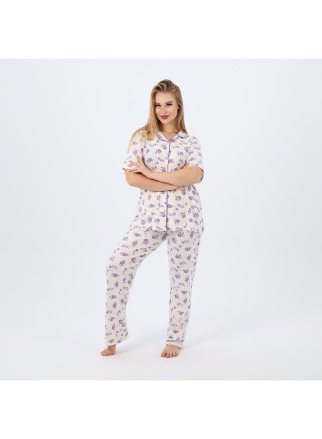 zecotex  Plus Size Women's Cotton Pajama Set | 2-Piece Floral Sleepwear with Button-Up Top & Full-Length Pants | Classic Summer Loungewear (3XL–5XL)  - Image 4