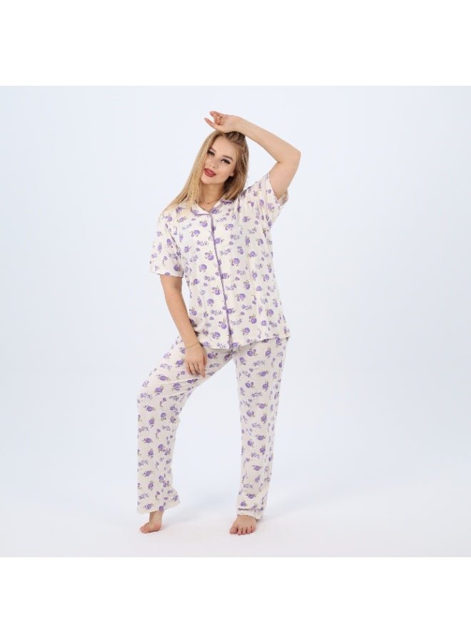 zecotex  Plus Size Women's Cotton Pajama Set | 2-Piece Floral Sleepwear with Button-Up Top & Full-Length Pants | Classic Summer Loungewear (3XL–5XL)  - Image 5