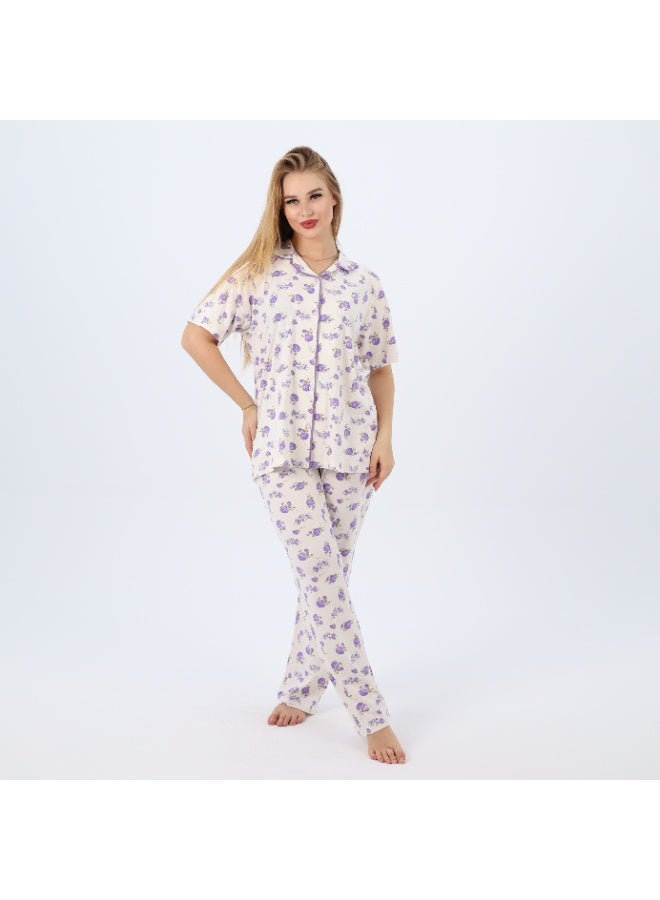 Zecotex Plus Size Women's Cotton Pajama Set - 2-Piece Floral Sleepwear with Button-Up Top & Full-Length Pants