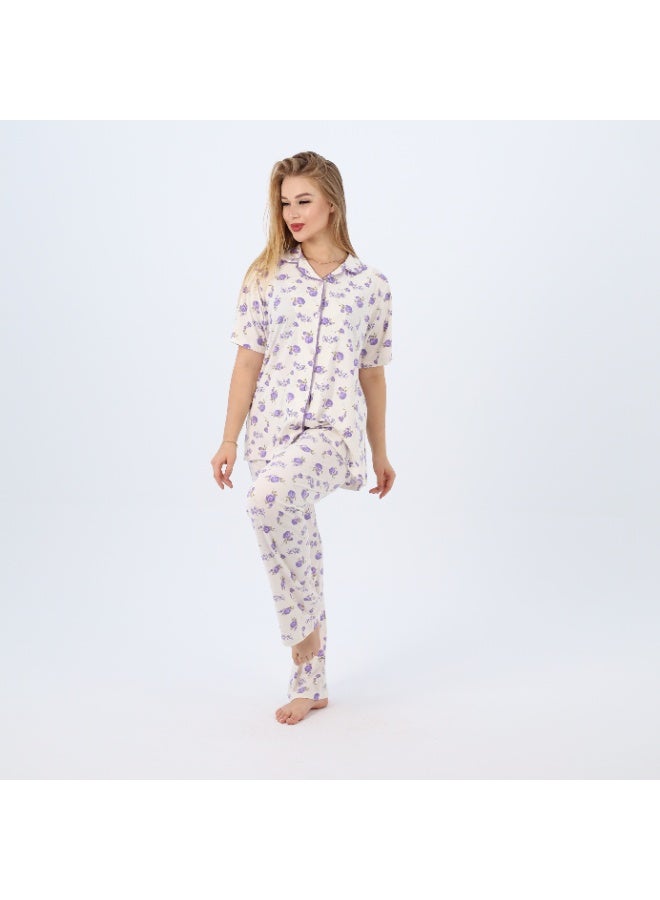 zecotex  Plus Size Women's Cotton Pajama Set | 2-Piece Floral Sleepwear with Button-Up Top & Full-Length Pants | Classic Summer Loungewear (3XL–5XL)  - Image 3