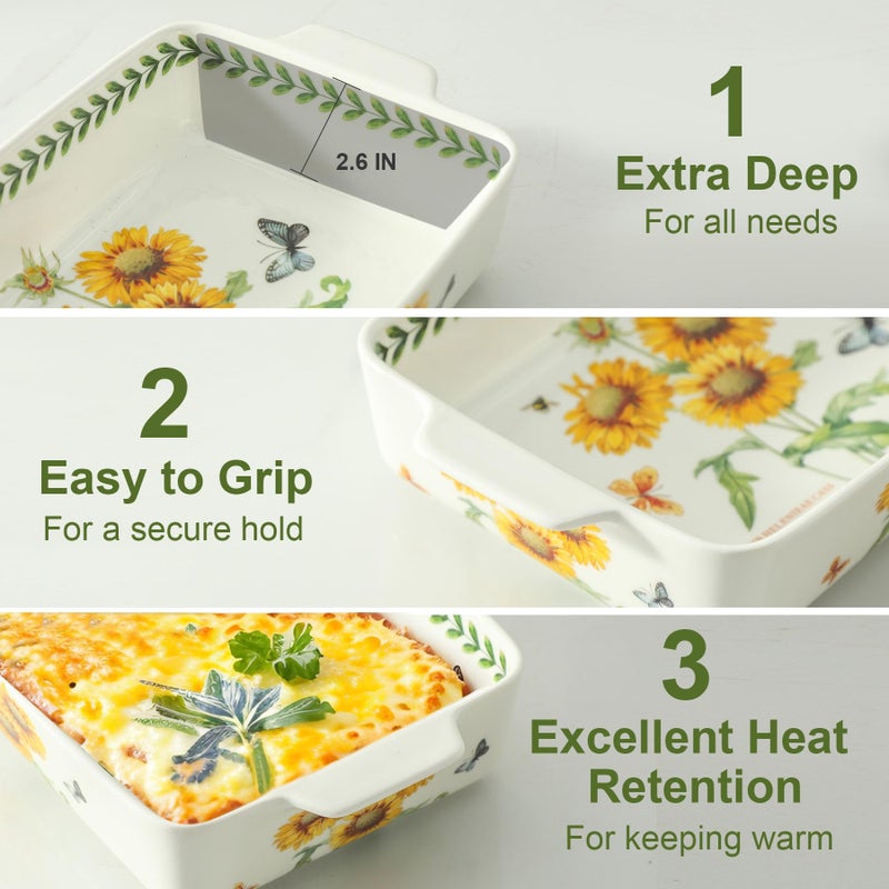 Howise Ceramic Sunflower Baking Casserole Dish with Handles,Large 2 pieces 8x13 inch & 6x10 inch Lasagna Baking Dish and Middle Flower Andplant Baking Pan,Porcelain Serving Bakeware Set - Image 5