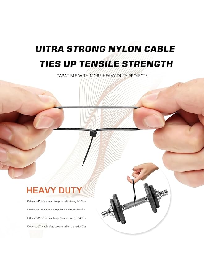 erorex Cable Zip Ties 400 Pack Black Assorted Sizes 12+8+6+4 Inch Multi Purpose Self Locking Nylon Cable Cord Management Plastic Wire Ties For Home Office Garden Workshop Black - Image 4