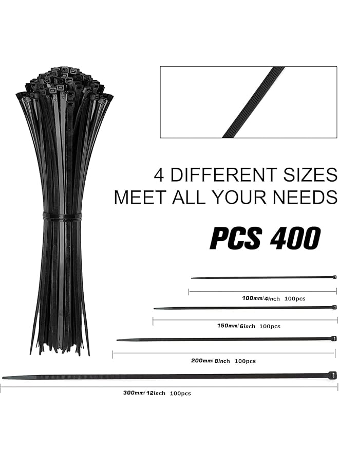 erorex Cable Zip Ties 400 Pack Black Assorted Sizes 12+8+6+4 Inch Multi Purpose Self Locking Nylon Cable Cord Management Plastic Wire Ties For Home Office Garden Workshop Black - Image 2