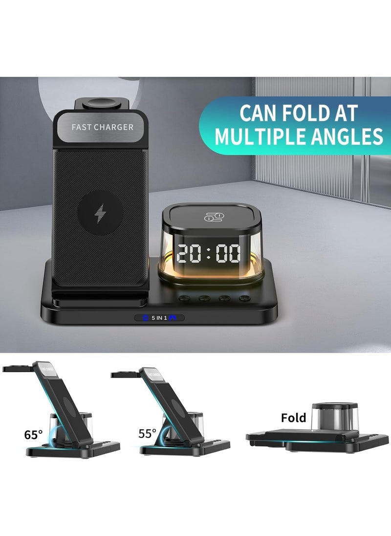 SYOSI - Wireless Charger - 5 in 1 Fast Foldable Stand Dock- Inductive Charging Station With Ambient Light and Clock Function, for Multiple Devices Apple, for iPhone 15 14 13 12 Pro Max - Image 1