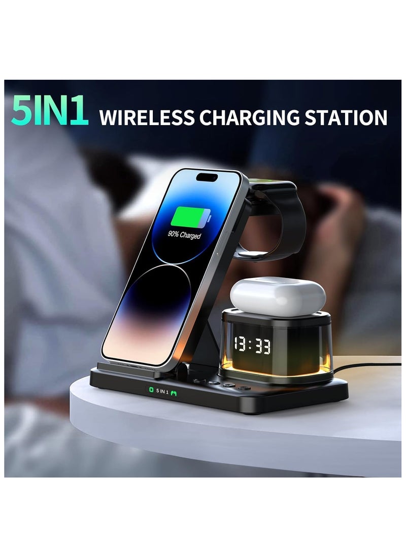 SYOSI - Wireless Charger - 5 in 1 Fast Foldable Stand Dock- Inductive Charging Station With Ambient Light and Clock Function, for Multiple Devices Apple, for iPhone 15 14 13 12 Pro Max - Image 1