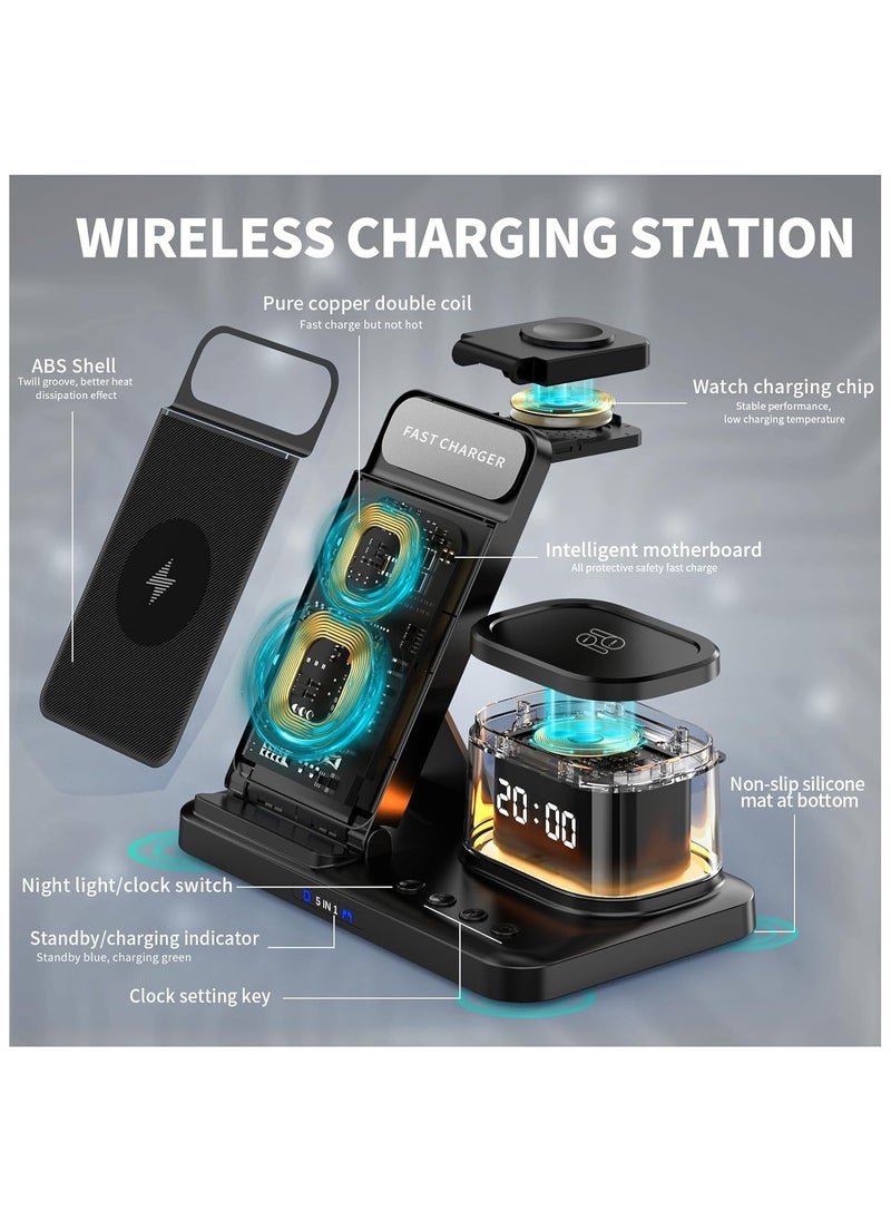 SYOSI - Wireless Charger - 5 in 1 Fast Foldable Stand Dock- Inductive Charging Station With Ambient Light and Clock Function, for Multiple Devices Apple, for iPhone 15 14 13 12 Pro Max - Image 1