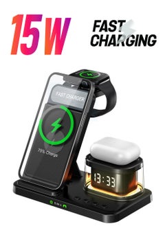 Wireless Charger - 5 in 1 Fast Foldable Stand Dock- Inductive Charging Station With Ambient Light and Clock Function, for Multiple Devices Apple, for iPhone 15 14 13 12 Pro Max