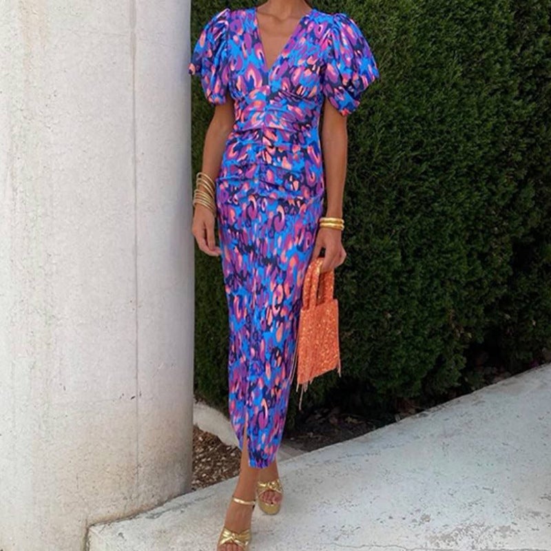 Elegant Printed V-Neck Lantern Sleeve Dress - Image 2