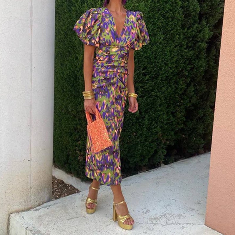 Elegant Printed V-Neck Lantern Sleeve Dress - Image 3
