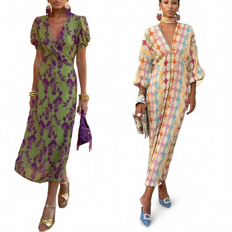 Elegant Printed V-Neck Lantern Sleeve Dress - Image 1