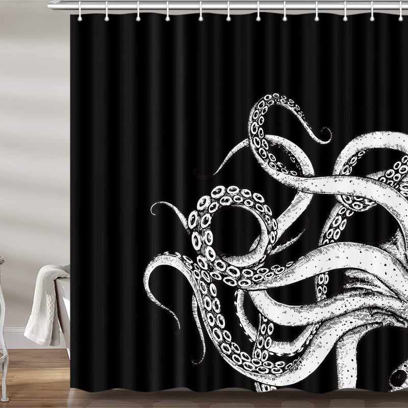 VEIGIKE Octopus Decor Shower Curtain for Bathroom  Funny Black and White Sea Monster Kraken Animal Goth Fabric Shower Curtains Set  Unique Novelty Nautical Gothic Restroom Accessories with Hooks 72X72 - Image 2