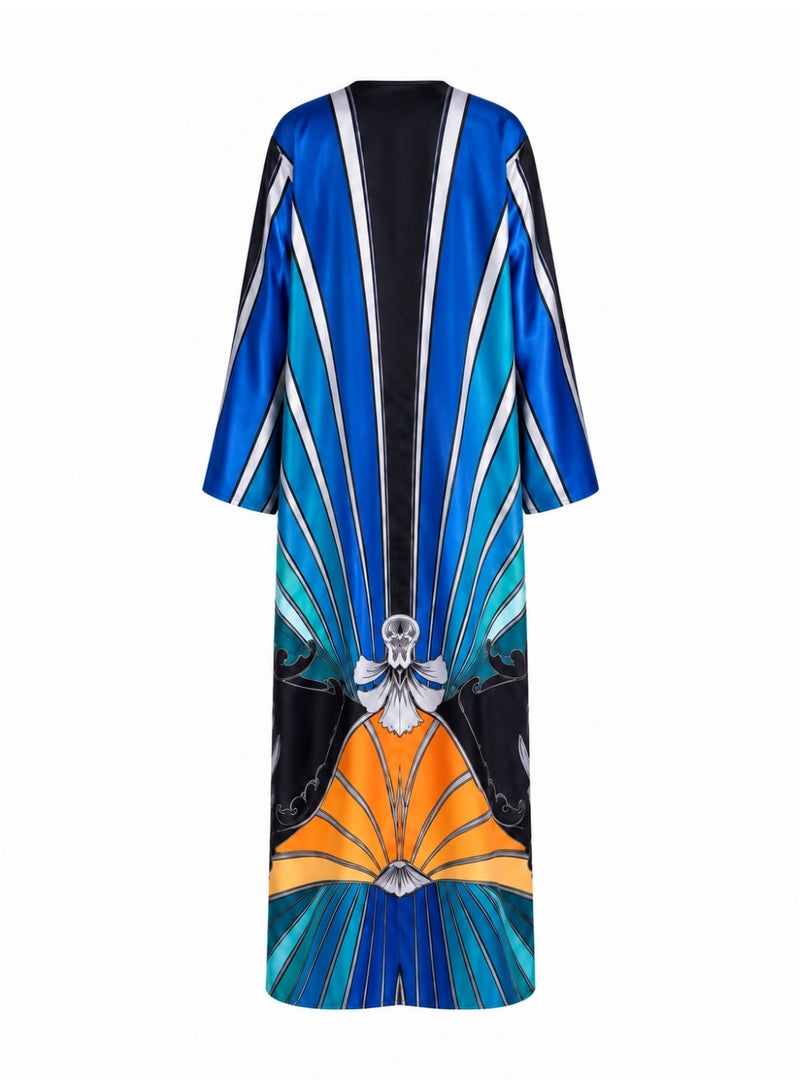 Amnad International Blue Graphic Print Silk Abaya Set | Statement Radiating Motif in Royal Blue, Turquoise & Orange with Wide Sleeves & Matching Chiffon Hijab | Sizes 52–60 - Image 5