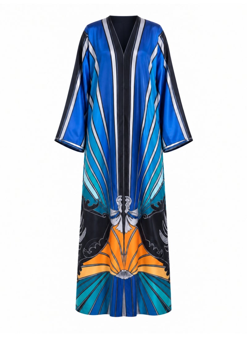 Amnad International Blue Graphic Print Silk Abaya Set | Statement Radiating Motif in Royal Blue, Turquoise & Orange with Wide Sleeves & Matching Chiffon Hijab | Sizes 52–60 - Image 1