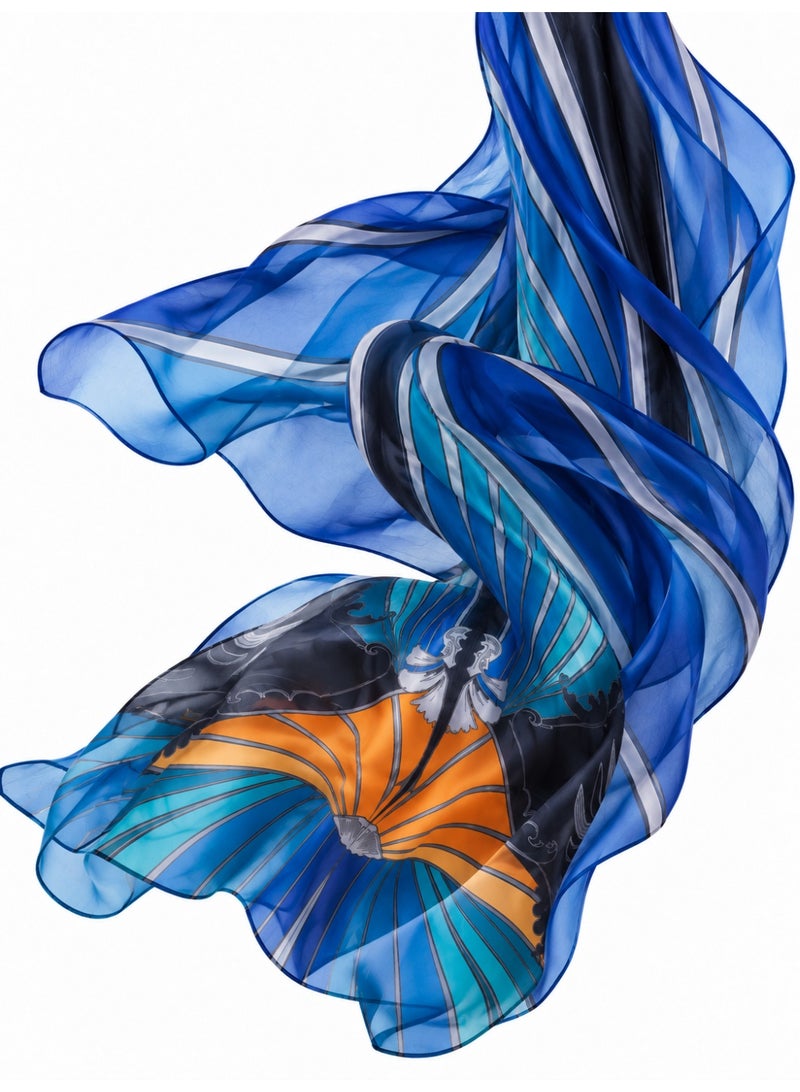 Amnad International Blue Graphic Print Silk Abaya Set | Statement Radiating Motif in Royal Blue, Turquoise & Orange with Wide Sleeves & Matching Chiffon Hijab | Sizes 52–60 - Image 3