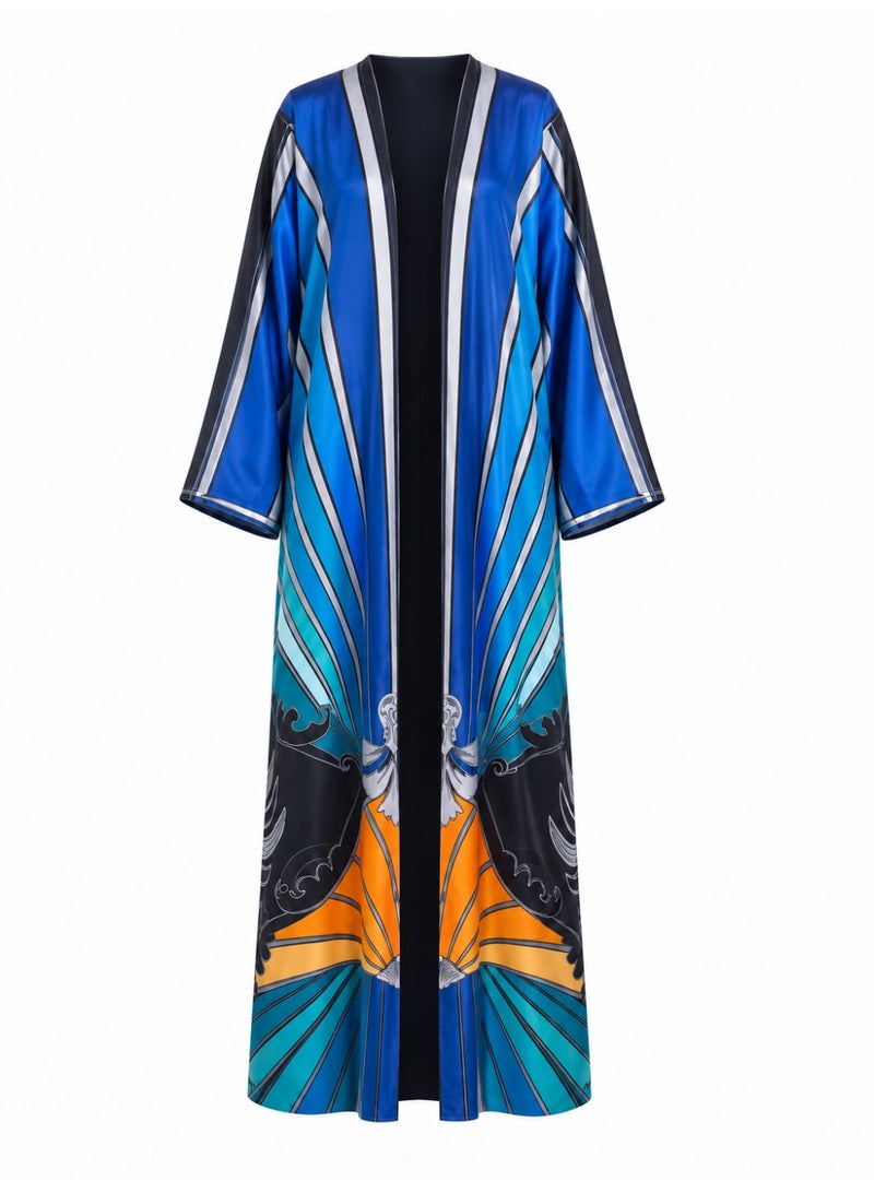 Amnad International Blue Graphic Print Silk Abaya Set | Statement Radiating Motif in Royal Blue, Turquoise & Orange with Wide Sleeves & Matching Chiffon Hijab | Sizes 52–60 - Image 4