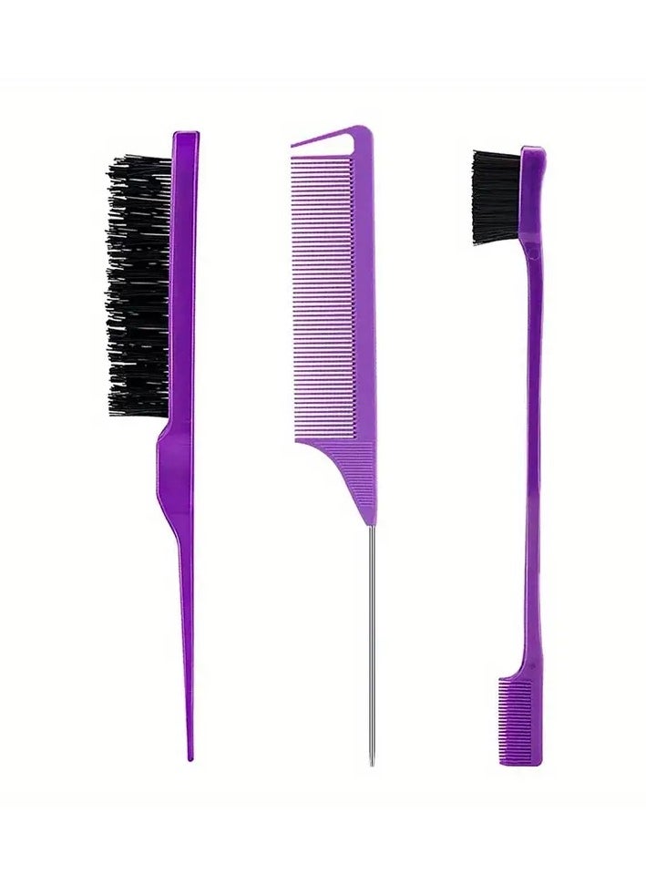 ORiTi 3 Pieces Hair Styling Comb Set Teasing Hair Rat Tail Comb Edge Brush for Edge and Back Brushing, Combing Slicking Hair - Purple  - Image 1