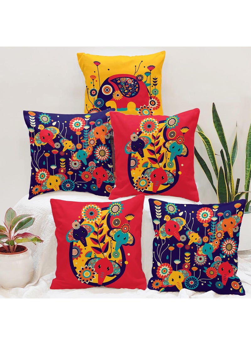 Brand - Umi Umi Unique Cute Elephant Cartoon Blue Printed Jute Cushion Covers Set of 5 16 x 16 Inches 40 x 40 Cm  - Image 1