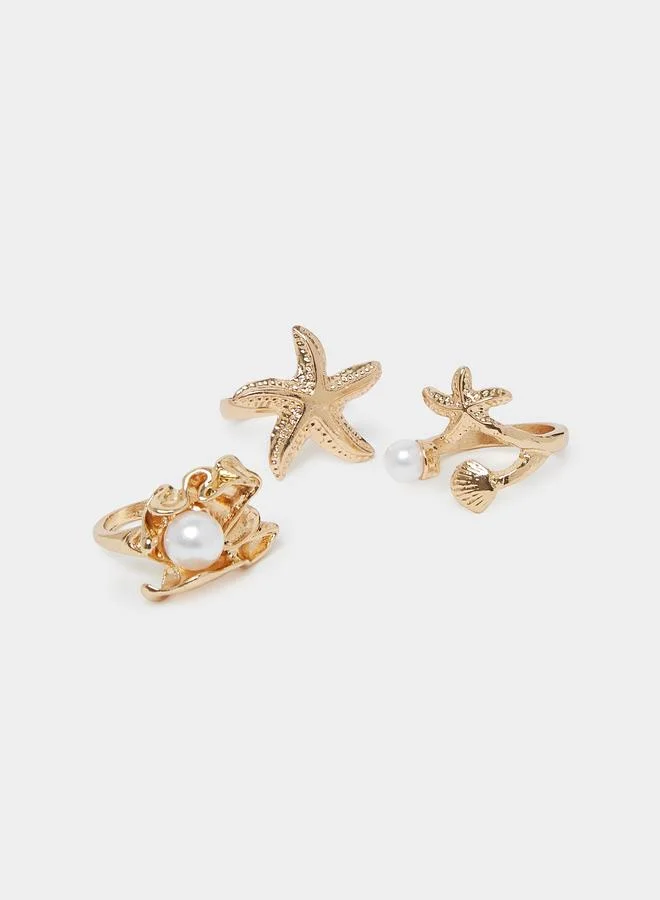 Styli  Set of 6 - Gold Tone Star Fish and Shell Ring for Women | Best Price UAE