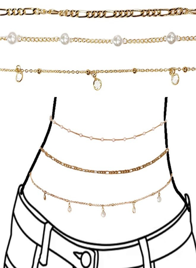 Hodaqe 3pcs Waist Chain, Adjustable Gold Plated Waist Chain For Women For Saree, Stylish Pearl Multilayered Belly Chain For Women And Girls, Hip Chain For The Waist Bikini Jewelry (3) - Image 1