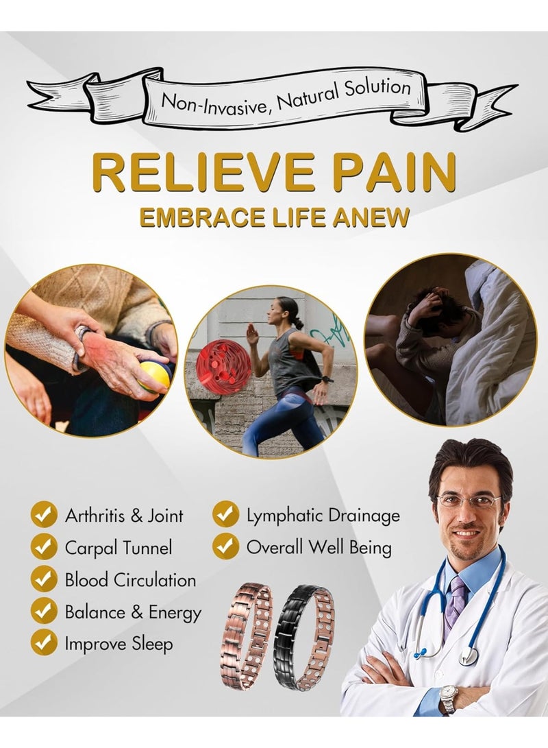 كوبر أساور نحاسية للرجال بتصميم أنيق من النحاس الخالص 99.99% مع مغناطيس قوي مزدوج، مجوهرات للعلاج بالمجالات المغناطيسية (أسود) - Image 4