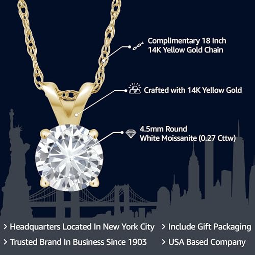 Gem Stone King 14K Yellow Gold White Moissanite Solitaire Pendant Necklace For Women | 0.27 Cttw | Round 4.5MM | With 18 inch Chain - Image 2
