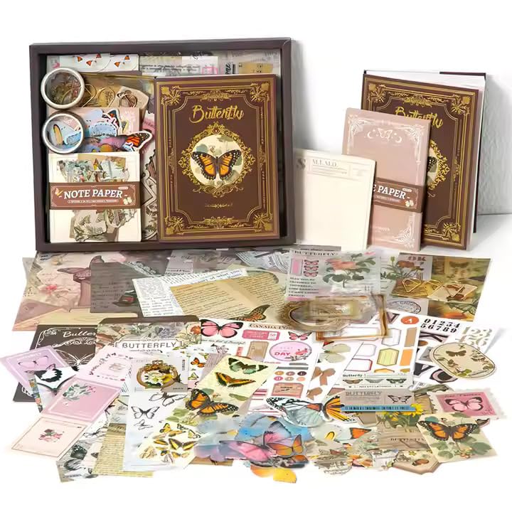 GLADBACK GLADBACK Vintage Aesthetic Scrapbook Kit 346 Pcs A6 Grid Notebook Washi Stickers Envelopes Scrapbook Papers Folding Labels Photo Frames Calendar Stickers Stickers Harry Potter Butterfly Brown 