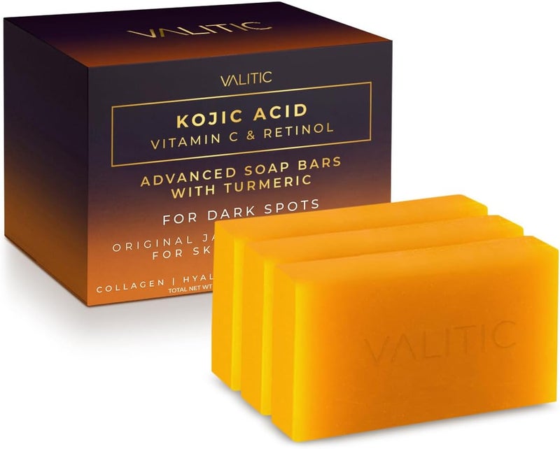 VALITIC Kojic Acid Vitamin C and Retinol Soap Bars with Turmeric for Dark Spot - Original Japanese Complex Infused with Collagen, Hyaluronic Acid, and Vitamin E (3 Pack) - Image 1