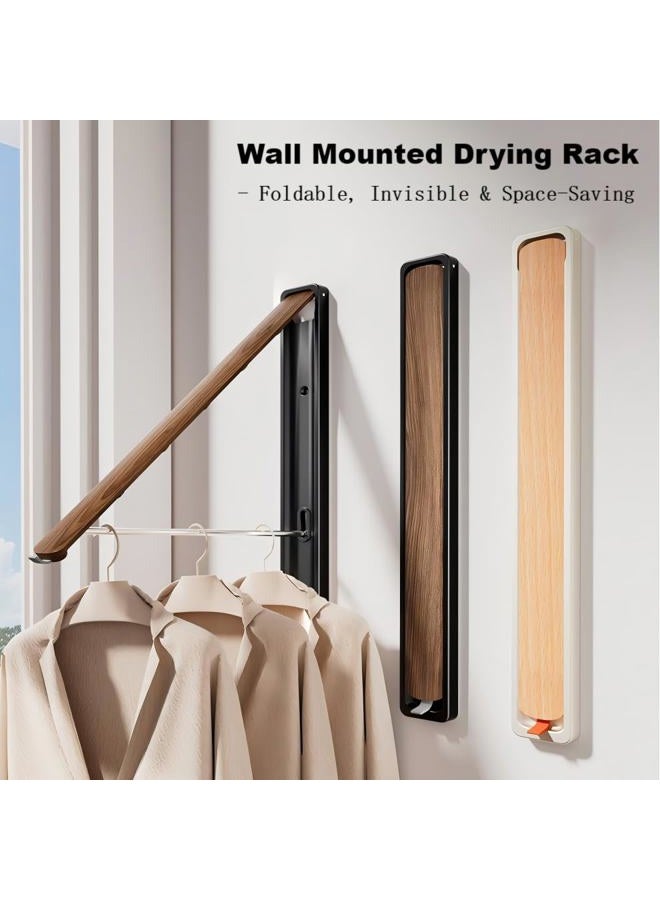 HGZBS Retractable Wall Mounted Drying Rack - Foldable Clothes Hanger in Walnut or Oak Color for Laundry Room, Closet & Balcony (Walnut, 2 Racks + Rod) - Image 3