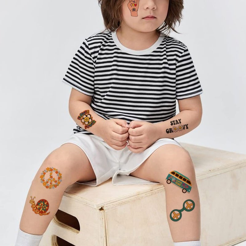 CHARLENT Hippie Temporary Tattoos for Kids - 79 PCS Groovy 70s Flower Power Peace and Love Tattoos for Boys Girls Birthday Party Supplies - Image 4