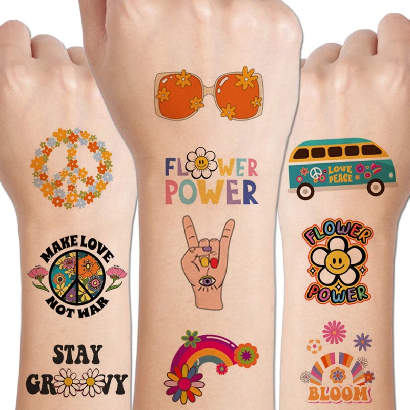 CHARLENT Hippie Temporary Tattoos for Kids - 79 PCS Groovy 70s Flower Power Peace and Love Tattoos for Boys Girls Birthday Party Supplies - Image 1