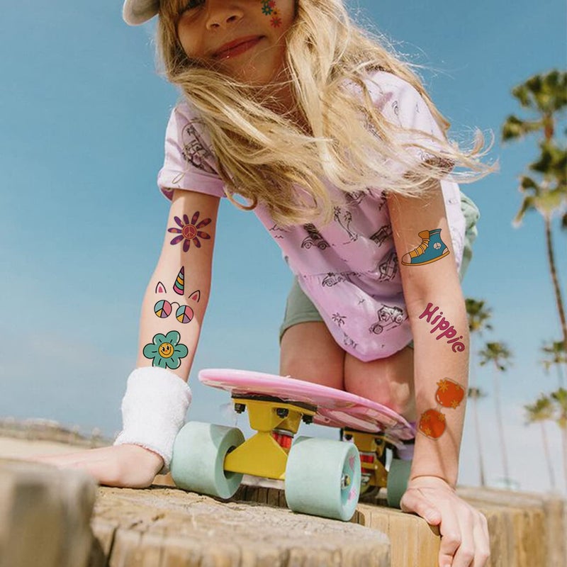CHARLENT Hippie Temporary Tattoos for Kids - 79 PCS Groovy 70s Flower Power Peace and Love Tattoos for Boys Girls Birthday Party Supplies - Image 3