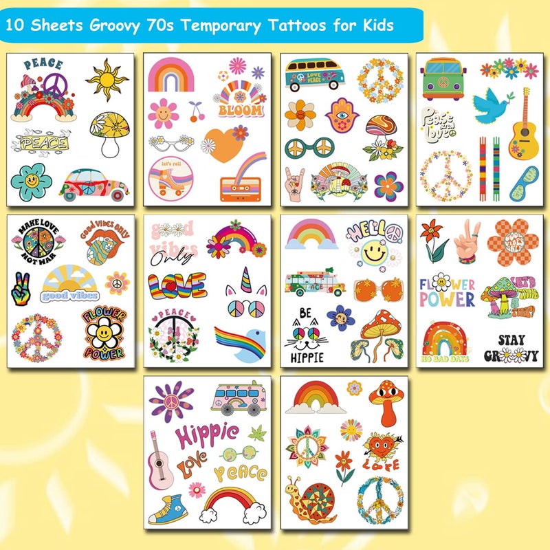 CHARLENT Hippie Temporary Tattoos for Kids - 79 PCS Groovy 70s Flower Power Peace and Love Tattoos for Boys Girls Birthday Party Supplies - Image 2