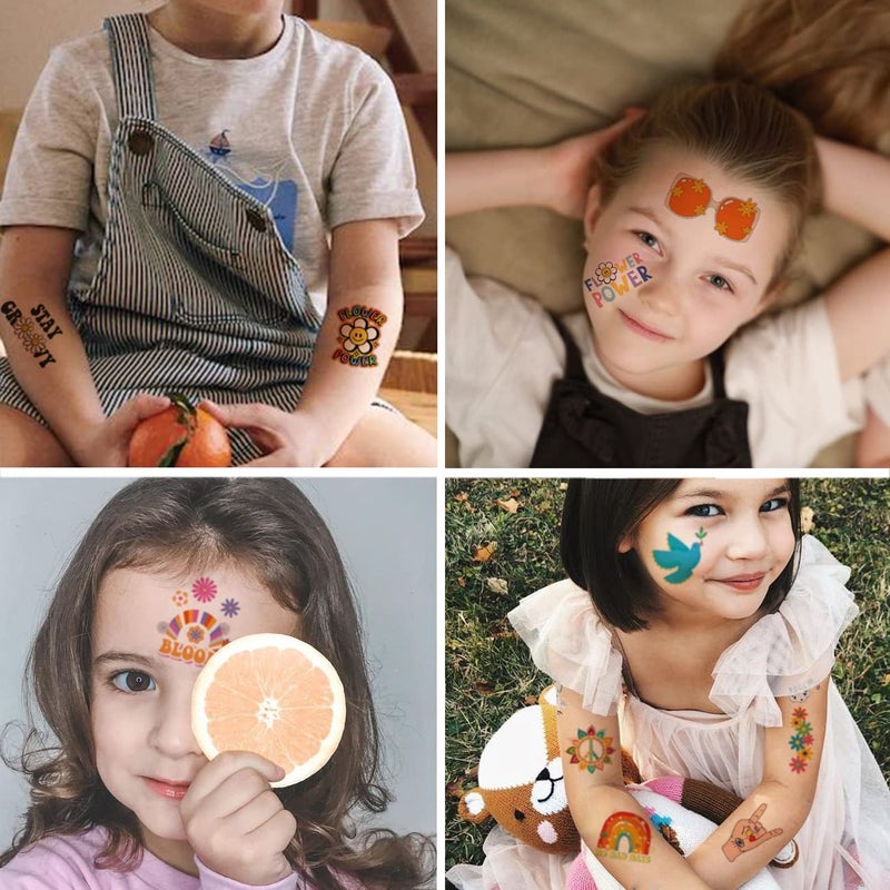 CHARLENT Hippie Temporary Tattoos for Kids - 79 PCS Groovy 70s Flower Power Peace and Love Tattoos for Boys Girls Birthday Party Supplies - Image 5