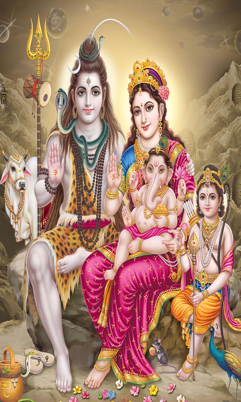 Backdropon Lord Shiv Parivar Design Backdrop Cloth for Pooja Decoration Traditional/Background Curtain for Festival Fabric Size 8Feet Height and 5Feet Width(8 * 5) - Image 1