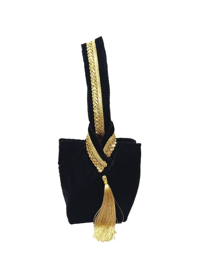 ATHZ Ethnic Handbags for Women Regal Velvet Pouch Bag handcrafted Lace Work Strap with Golden Tassel Embelishment (Dark Black, Gold) - Image 1