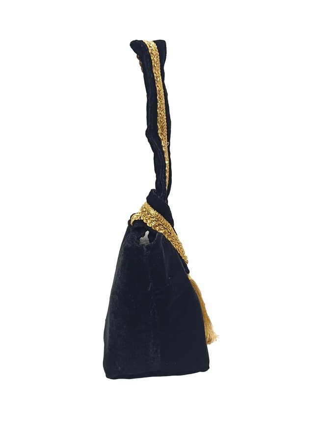 ATHZ Ethnic Handbags for Women Regal Velvet Pouch Bag handcrafted Lace Work Strap with Golden Tassel Embelishment (Dark Black, Gold) - Image 5