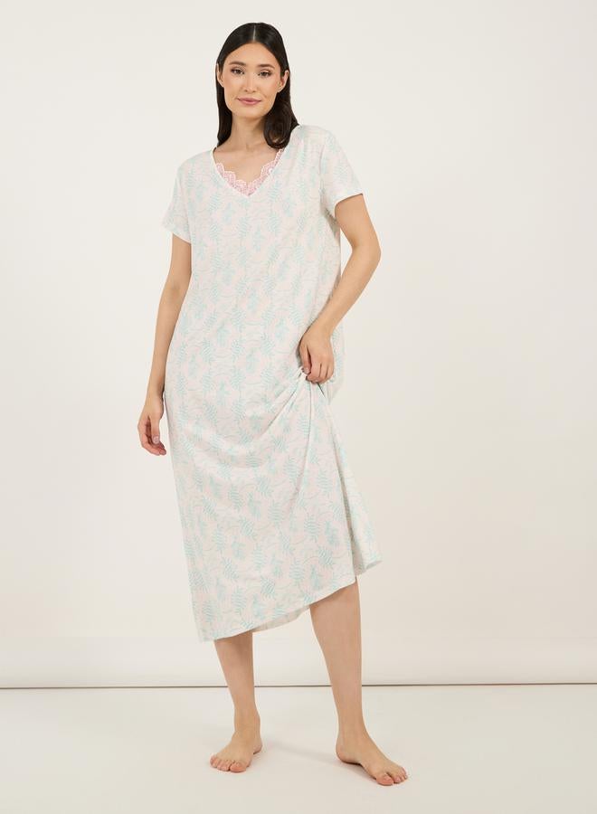 Styli Scallop Lace Trim V Neck Floral Print Sleep T-Shirt Dress  - Image 1