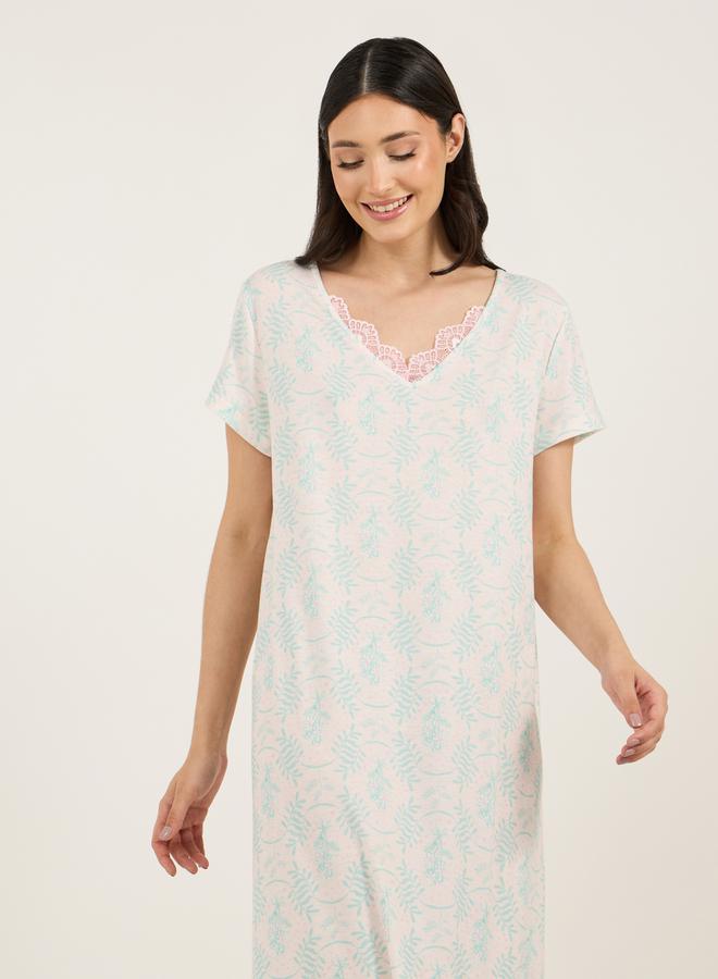 Styli Scallop Lace Trim V Neck Floral Print Sleep T-Shirt Dress  - Image 2