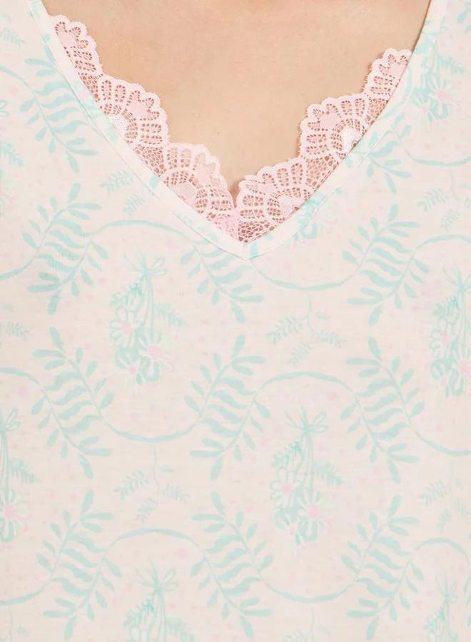 Styli Scallop Lace Trim V Neck Floral Print Sleep T-Shirt Dress