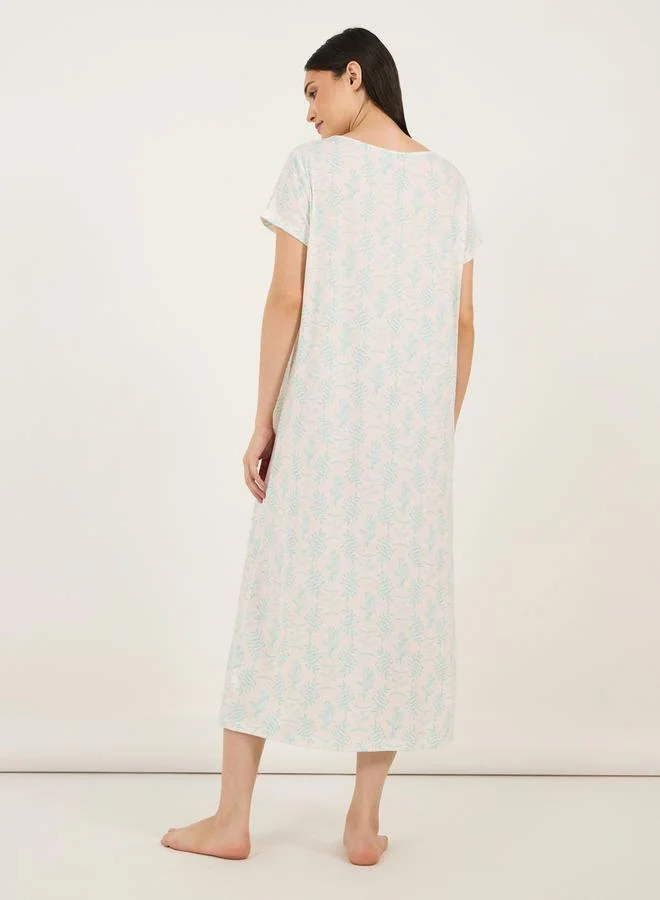 Styli Scallop Lace Trim V Neck Floral Print Sleep T-Shirt Dress