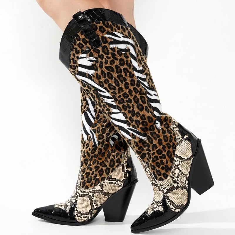 Cape Robbin Women's Animal Print Cowboy Boots 12-Inch Shaft Pull-On Pointed Toe - Western Cowgirl Boots with 3 Inch Block Heel & Comfort Insole (Karine) Black 8.5 - Image 4