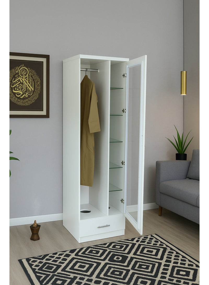 AFT Modern Bakhoor Wardrobe with Glass Shelves, LED Lighting, and Fragrance Ventilation for Clothing, Perforated Base, and Fragrance Ventilation System.  Modern Bakhoor Wardrobe is ideal for those who appreciate the traditional practice of using bakhoor while maintaining a contemporary, organized living space. Whether you’re looking to enhance your room’s aesthetic or enjoy the practical benefits of scent-infused clothing, this wardrobe is the perfect blend of style, functionality, and luxury. White (Arfan) - Image 1