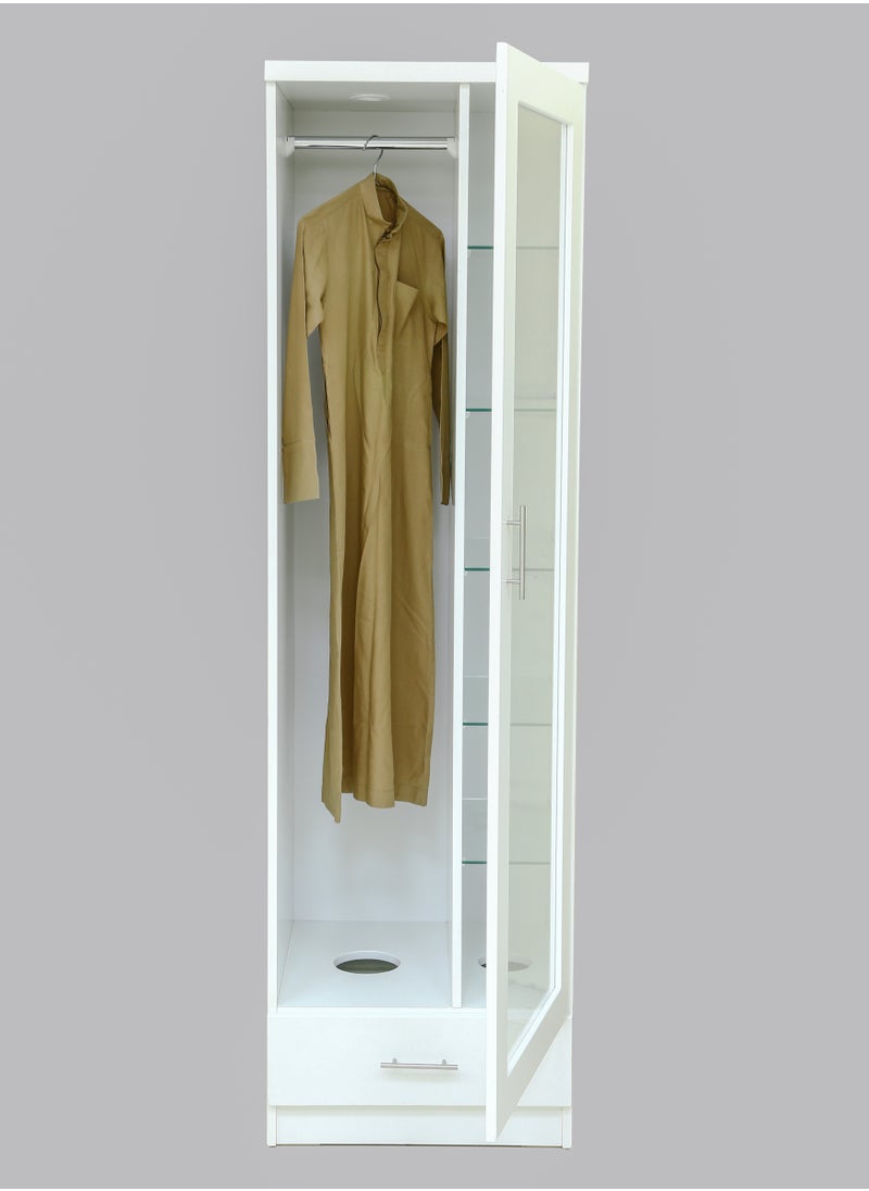 AFT - Modern Bakhoor Wardrobe with Glass Shelves, LED Lighting, and Fragrance Ventilation for Clothing, Perforated Base, and Fragrance Ventilation System.  Modern Bakhoor Wardrobe is ideal for those who appreciate the traditional practice of using bakhoor while maintaining a contemporary, organized living space. Whether you’re looking to enhance your room’s aesthetic or enjoy the practical benefits of scent-infused clothing, this wardrobe is the perfect blend of style, functionality, and luxury. White (Arfan) - Image 1