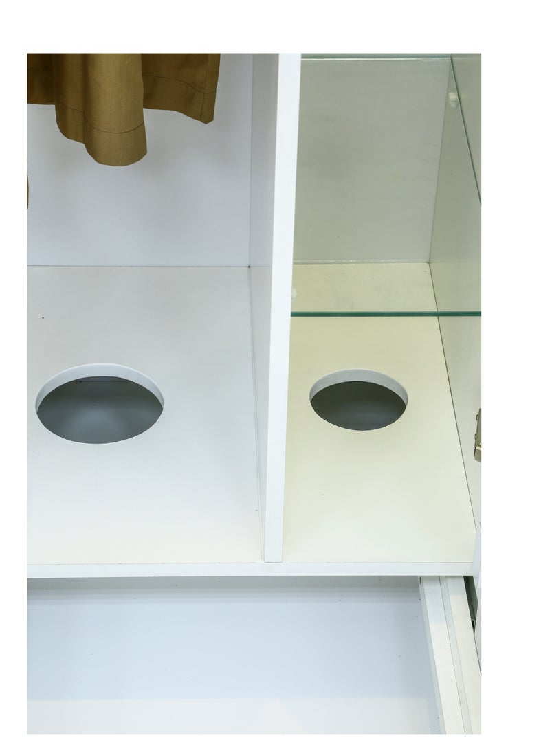 AFT - Modern Bakhoor Wardrobe with Glass Shelves, LED Lighting, and Fragrance Ventilation for Clothing, Perforated Base, and Fragrance Ventilation System.  Modern Bakhoor Wardrobe is ideal for those who appreciate the traditional practice of using bakhoor while maintaining a contemporary, organized living space. Whether you’re looking to enhance your room’s aesthetic or enjoy the practical benefits of scent-infused clothing, this wardrobe is the perfect blend of style, functionality, and luxury. White (Arfan) - Image 1