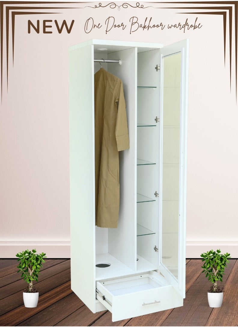 AFT - Modern Bakhoor Wardrobe with Glass Shelves, LED Lighting, and Fragrance Ventilation for Clothing, Perforated Base, and Fragrance Ventilation System.  Modern Bakhoor Wardrobe is ideal for those who appreciate the traditional practice of using bakhoor while maintaining a contemporary, organized living space. Whether you’re looking to enhance your room’s aesthetic or enjoy the practical benefits of scent-infused clothing, this wardrobe is the perfect blend of style, functionality, and luxury. White (Arfan) - Image 1