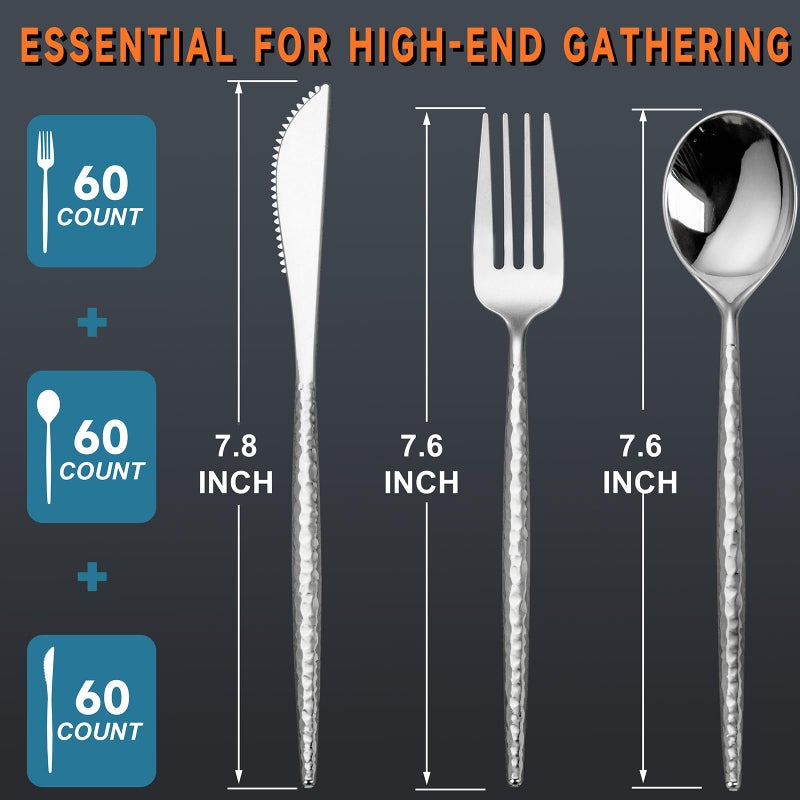 Rubtlamp 180 Pcs Silver Plastic Silverware - Hammered Disposable Silverware - Heavy Duty Plastic Forks And Spoons - Silver Plastic Cultery Include 60 Forks  60 Knives And 60 Spoons for Wedding&Party - Image 1
